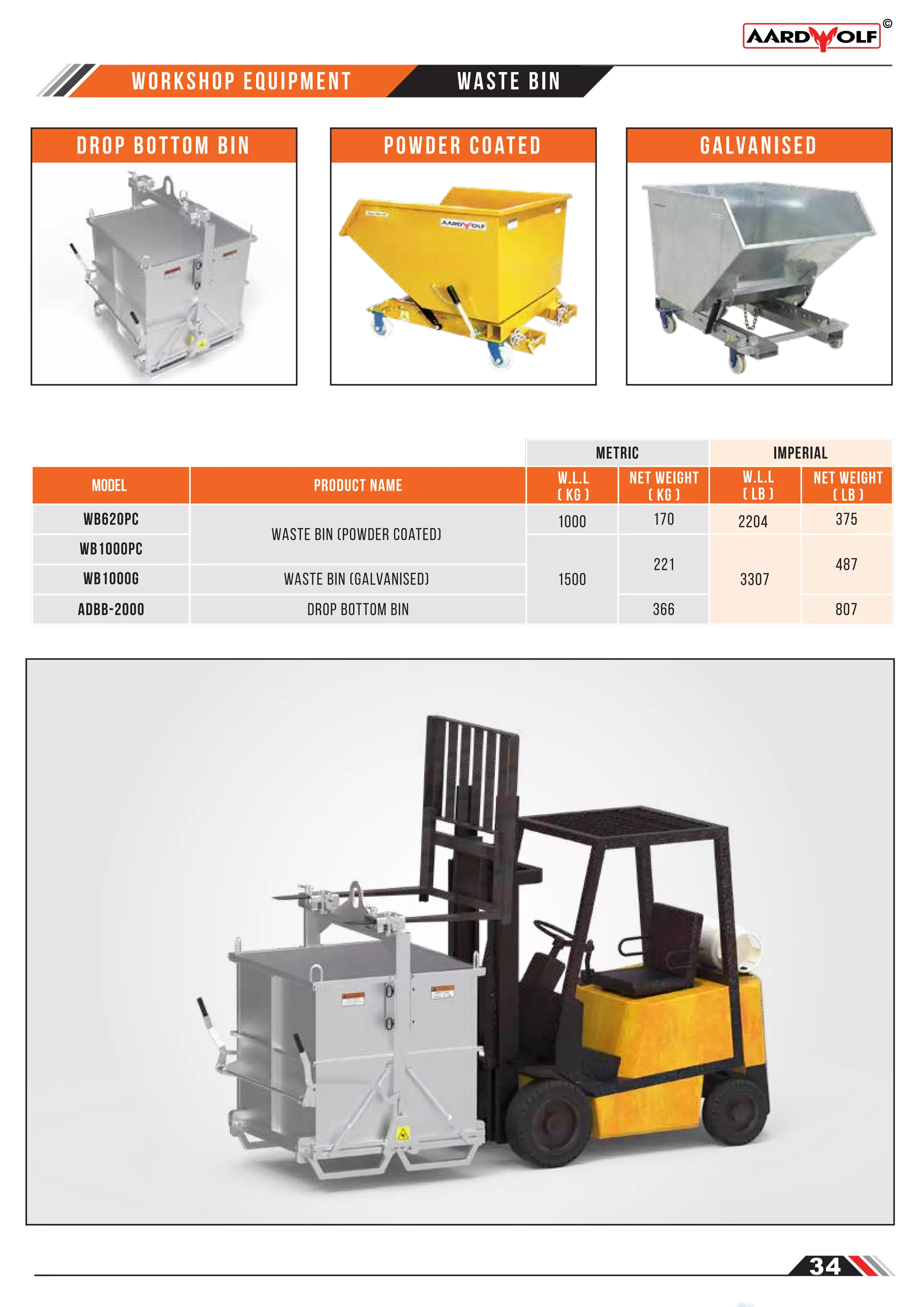 34
metric imperial
workshop equipment waste bin
1500
1000
Waste Bin (Powder coated)
Powder coated
Waste Bin (Galvanised)
Galvanised
Drop Bottom Bin
Drop Bottom Bin
170
221
366
product name W.L.L
( kg )
3307
2204 375
487
807
W.L.L
( lb )
Net Weight
( lB )
Net Weight
( kg )
MODEL
ADBB-2000
WB620PC
WB1000PC
WB1000G
 
