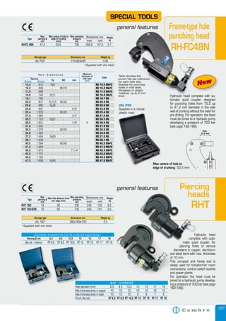 137
general features
Hydraulic head
complete with auto-
matic quick coupler, for
piercing holes of various
diameters in copper, aluminium
and steel bars with max. thickness
of 10 mm.
This compact and handy tool is
widely used for transformer room
connections, control switch boards
and power plants.
For operation the head must be
joined to a hydraulic pump develop-
ing a pressure of 700 bar (see page
162-166).
Piercing
heads
RHT
general features
Hydraulic head
complete with auto-
matic quick coupler, for
piercing holes of various
diameters in copper, aluminium
and steel bars with max. thickness
of 10 mm.
This compact and handy tool is
widely used for transformer room
connections, control switch boards
and power plants.
For operation the head must be
joined to a hydraulic pump develop-
Piercing
heads
Piercing
heads
Piercing
RHT
Max
piercing Ø
mm
Type
Max operating
pressure
bar
Max hole distance from
bar edge (mm)
Weight
kglength width
Dimensions mm
RHT 160 19 30 700 240 153 6,5
RHT 160-60N 19 60 700 240 181 9,2
Storage type Dimensions mm Weight kg
VAL 160* 283x180xh100 2,3
*Supplied with the head
SPECIAL TOOLS
general features Frame-type hole
punching head
RH-FC48N
Storage type Dimensions mm Weight kg
VAL P30* 315x300xh95 0,93
*Supplied with the head
Max
piercing Ø
mm
Type
Max operating
pressure
bar
Max centre of hole to
edge of trunking
(mm)
Weight
kglength width
Dimensions mm
RH-FC 48N 47,2 53,5 700 259,5 147,5 3,7
general features Frame-type hole
punching head
RH-FC48N
NewNew
max.
53.5 mm
Max centre of hole to
edge of trunking: 53,5 mm
Table denotes the
punch/die set reference,
for each hole size.
Suitable for punching
holes in mild steel,
fibreglass or plastic
material, up to 2 mm
thick. Hydraulic head complete with au-
tomatic quick coupler, designed
for punching holes from 15,5 up
to 47,2 mm diameter in the side
wall of trunking without the need for
pre drilling. For operation, the head
must be joined to a hydraulic pump
developing a pressure of 700 bar
(see page 162-166).
H o l e D i m e n s i o n s Maximum
thickness of
mild steel
(mm)
Code
Nominal
Pg ISO Inch
Ø (mm) Ø (inch)
15,5 .610 Pg9Pg9 - -
2
RD 15.5 SS-FC
16,2 .638 - ISO-16 - RD 16.2 SS-FC
17,5 .689 - - - RD 17.5 SS-FC
18,8 .740 Pg11Pg11 - - RD 18.8 SS-FC
19,1 .752 - - - RD 19.1 SS
20,5 .807 Pg 13,5Pg 13,5 ISO-20 - RD 20.5 SS
22,6 .890 Pg16Pg16 - - RD 22.6 SS
23,8 .937 - - 5/8” RD 23.8 SS
25,4 1.000 - ISO-25 - RD 25.4 SS
27,0 1.063 - - 3/4” RD 27.0 SS
28,5 1.122 Pg21Pg21 - - RD 28.5 SS
30,5 1.201 - - 7/8” RD 30.5 SS
31,8 1.252 - - - RD 31.8 SS
32,5 1.279 - ISO-32 - RD 32.5 SS
34,6 1.362 - - - RD 34.6 SS
37,2 1.464 Pg29Pg29 - - RD 37.2 SS
38,1 1.500 - - - RD 38.1 SS
40,5 1.594 - ISO-40 - RD 40.5 SS-FC
41,3 1.626 - - - RD 41.3 SS-FC
42,5 1.673 - - 1”1/4” RD 42.5 SS-FC
43,2 1.701 - - - RD 43.2 SS-FC
44,5 1.752 - - - RD 44.5 SS-FC
47,2 1.858 Pg36Pg36 - - RD 47.2 SS-FC
Max centre of hole to
edge of trunking
VAL P30
Supplied in a robustSupplied in a robust
plastic case.
A v a i l a b l e a c c e s s o r i e s ( t o b e o r d e r e d s e p a r a t e l y ) :
Piercing Ø mm 6,5 8,5 10,5 13 15 17 19
Set die - indentor RT 6,5 RT 8,5 RT 10,5 RT 13 RT 15 RT 17 RT 19
M A X . T H I C K N E S S
Hole diameter (mm) 6,5 8,5 10,5 13 15 17 19
Max thickness strep in copper 10 10 10 10 10 10 10
Max thickness strep in steel 10 10 10 9 8 7 6
Punch die/set RT 6,5 RT 8,5 RT 10,5 RT 13 RT 15 RT 17 RT 19
 