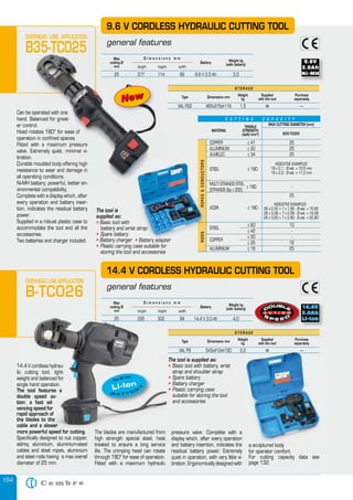 154
Can be operated with one
hand. Balanced for great-
er control.
Head rotates 180° for ease of
operation in confined spaces.
Fitted with a maximum pressure
valve. Extremely quiet, minimal vi-
bration.
Durable moulded body offering high
resistance to wear and damage in
all operating conditions.
Ni-MH battery; powerful, better en-
vironmental compatibility.
Complete with a display which, after
every operation and battery inser-
tion, indicates the residual battery
power.
Supplied in a robust plastic case to
accommodate the tool and all the
accessories.
Two batteries and charger included.
Can be operated with one
hand. Balanced for great-
Head rotates 180° for ease of
operation in confined spaces.
Fitted with a maximum pressure
valve. Extremely quiet, minimal vi-
Durable moulded body offering high
resistance to wear and damage in
all operating conditions.
Ni-MH battery; powerful, better en-
vironmental compatibility.
S T O R A G E
Type Dimensions mm
Weight
kg
Supplied
with the tool
Purchase
separately
VAL P22 465x315xh116 1,5 � —
9.6 V CORDLESS HYDRAULIC CUTTING TOOL
general features
Max
cutting Ø
mm
Weight kg
(with battery)
Battery
length height width
D i m e n s i o n s m m
25 377 114 66 9,6 V 2.0 Ah 3,0
OVERHEAD LINE APPLICATION
B35-TC025
14.4 V cordless hydrau-
lic cutting tool, light-
weight and balanced for
single hand operation.
The tool features a
double speed ac-
tion: a fast ad-
vancing speed for
rapid approach of
the blades to the
cable
more powerful speed for cutting.
Specifically designed to cut copper,
aldrey, aluminium, aluminium-steel
cables and steel ropes, aluminium
and steel rods having a max overall
diameter of 25 mm.
S T O R A G E
Type Dimensions mm
Weight
kg
Supplied
with the tool
Purchase
separately
VAL P9 543x412xh130 2,2 � —
14.4 V CORDLESS HYDRAULIC CUTTING TOOL
general features
Max
cutting Ø
mm
Weight kg
(with battery)
Battery
length height width
D i m e n s i o n s m m
25 295 302 94 14,4 V 3.0 Ah 4,0
The tool is supplied as:
• Basic tool with battery, wrist
strap and shoulder strap
• Spare battery
• Battery charger
• Plastic carrying case
suitable for storing the tool
and accessories
OVERHEAD LINE APPLICATION
B-TC026
The blades are manufactured from
high strength special steel, heat
treated to ensure a long service
life. The crimping head can rotate
through 180° for ease of operation.
Fitted with a maximum hydraulic
pressure valve. Complete with a
display which, after every operation
and battery insertion, indicates the
residual battery power. Extremely
quiet in operation, with very little vi-
bration. Ergonomically designed with
a sculptured body
for operator comfort.
For cutting capacity data see
page 132.
The tool is
supplied as:
• Basic tool with
battery and wrist strap
• Spare battery
• Battery charger • Battery adapter
• Plastic carrying case suitable for
storing the tool and accessories
NewNew
C U T T I N G C A P A C I T Y
MATERIAL
TENSILE
STRENGTH
(daN/mm2
)
MAX CUTTING DIAMETER (mm)
COPPER ≤ 41 25
ALUMINIUM ≤ 20 25
ALMELEC ≤ 34 25
MULTI STRANDS STEEL
≤ 180 -
(STRANDS Qty ≥ 200)
25
STEEL
≤ 60 10
≤ 42 -
COPPER
≤ 30 -
≤ 25 16
ALUMINIUM ≤ 16 25
ROPES&CONDUCTORSRODS
INDICATIVE EXAMPLES:
19 x 2,1 : Ø est. = 10,5 mm
19 x 2,2 : Ø est. = 11,0 mm
STEEL ≤ 180
ACSR ≤ 180
B35-TC025
INDICATIVE EXAMPLES:
26 x 2,50 + 7 x 1,95 : Ø est. = 15,85
26 x 3,06 + 7 x 2,38 : Ø est. = 19,38
26 x 3,60 + 7 x 2,80 : Ø est. = 22,80
MULTI STRANDS STEEL
(STRANDS Qty
25
STEEL
battery and wrist strap
Battery charger •Battery charger •Battery charger Battery adapter• Battery adapter•
ROPES&CONDUCTORSRODS
STEEL
COPPER
ACSR
14.4 V cordless hydrau-
lic cutting tool, light-
weight and balanced for
single hand operation.
The tool features a
double speed ac-
tion: a fast ad-
vancing speed for
rapid approach of
the blades to the
cable and a slower
more powerful speed for cutting.
mm length height
25 295 302 94 14,4 V 3.0 Ah 4,0
The blades are manufactured from
VAL P9 543x412xh130 2,2 � —
a sculptured body
Li-Ion
B A T T E
R
Y
NEW
 