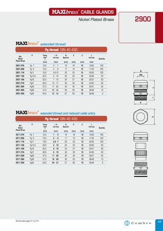 69
2900
Technical data pages 211 to 214
Ref.
P Fixing л A B E C L
Nickel
Hole min-max Spanner min-max
Quantity
Plated Brass
л
(mm) (mm) (mm) (mm) (mm) (mm)
Plated Brass
(mm) (mm) (mm) (mm) (mm) (mm)
Plated Brass
2901.07N Pg 7 12,5 3 - 7 16 18 12 16-20 100
2901.09N Pg 9 15,5 4 - 8 17 19 12 17-23 100
2901.11N Pg11 19,0 4,5-10 20 23 12 20-25 100
2901.13N Pg13.5 20,5 5 -12 22 25 12 20-26 50
2901.16N Pg16 22,5 7 -13 24 27 12 20-27 50
2901.21N Pg21 29,0 10 -17 30 33 12 24-30 50
2901.29N Pg29 37,0 17 -25 40 45 15 30-37 25
2901.36N Pg36 47,0 20 -32 50 55 15 38-48 10
2901.42N Pg42 54,0 28 -38 57 63 15 39-48 5
Pg thread DIN 40 430
extended thread
Ref.
P Fixing л A B E C L
Nickel
Hole min-max Spanner min-max
Quantity
Plated Brass
л
(mm) (mm) (mm) (mm) (mm) (mm)
Plated Brass
(mm) (mm) (mm) (mm) (mm) (mm)
Plated Brass
2911.07N Pg 7 12,5 1 - 5 16 18 12 16-20 100
2911.09N Pg 9 15,5 2 - 6 17 19 12 17-23 100
2911.11N Pg11 19,0 2,5- 7 20 23 12 20-25 100
2911.13N Pg13.5 20,5 4 -10 22 25 12 20-26 50
2911.16N Pg16 22,5 5 -10 24 27 12 20-27 50
2911.21N Pg21 29,0 6 -13 30 33 12 24-30 50
2911.29N Pg29 37,0 11 -20 40 45 15 30-37 25
2911.36N Pg36 47,0 18 -26 50 55 15 38-48 10
2911.42N Pg42 54,0 24 -31 57 63 15 39-48 5
Pg thread DIN 40 430
extended thread and reduced cable entry
CABLE GLANDS
Nickel Plated Brass
 