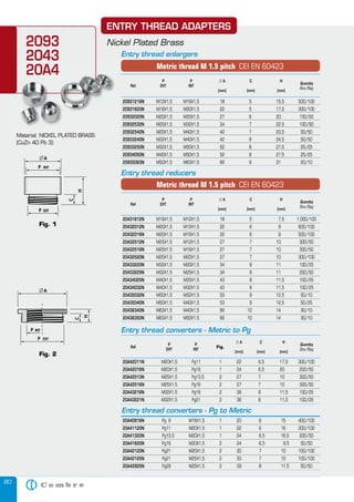80
Fig. 2
Fig. 1
ENTRY THREAD ADAPTERS
Nickel Plated Brass
Entry thread converters - Metric to Pg
P P
л A C H
Ref.
EXT INT
Fig.
Quantity
(mm) (mm) (mm)
Box/Bag
20A42011N M20X1,5 Pg11 1 22 6,5 17,5 300/100
20A42016N M20X1,5 Pg16 1 24 6,5 20 200/50
20A42513N M25X1,5 Pg13,5 2 27 7 10 300/50
20A42516N M25X1,5 Pg16 2 27 7 10 300/50
20A43216N M32X1,5 Pg16 2 36 8 11,5 100/25
20A43221N M32X1,5 Pg21 2 36 8 11,5 100/25
Entry thread converters - Pg to Metric
20A40916N Pg 9 M16X1,5 1 20 6 15 400/100
20A41120N Pg11 M20X1,5 1 22 6 16 300/100
20A41320N Pg13,5 M20X1,5 1 24 6,5 16,5 200/50
20A41620N Pg16 M20X1,5 2 24 6,5 9,5 50/50
20A42120N Pg21 M20X1,5 2 30 7 10 100/100
20A42125N Pg21 M25X1,5 2 30 7 10 100/100
20A42925N Pg29 M25X1,5 2 39 8 11,5 50/50
P P л A C H
Ref. EXT INT
Quantity
(mm) (mm) (mm)
Box/Bag
20931216N M12X1,5 M16X1,5 18 5 15,5 500/100
20931620N M16X1,5 M20X1,5 22 5 17,5 300/100
20932025N M20X1,5 M25X1,5 27 6 20 150/50
20932532N M25X1,5 M32X1,5 34 7 22,5 100/50
20932540N M25X1,5 M40X1,5 42 7 23,5 50/50
20933240N M32X1,5 M40X1,5 42 8 24,5 50/50
20933250N M32X1,5 M50X1,5 52 8 27,5 25/25
20934050N M40X1,5 M50X1,5 52 8 27,5 25/25
20935063N M50X1,5 M63X1,5 66 9 31 20/10
Metric thread M 1.5 pitch CEI EN 60423
P P л A C H
Ref. EXT INT
Quantity
(mm) (mm) (mm)
Box/Bag
20431612N M16X1,5 M12X1,5 18 5 7,5 1.000/100
20432012N M20X1,5 M12X1,5 22 6 9 600/100
20432016N M20X1,5 M16X1,5 22 6 9 500/100
20432512N M25X1,5 M12X1,5 27 7 10 300/50
20432516N M25X1,5 M16X1,5 27 7 10 300/50
20432520N M25X1,5 M20X1,5 27 7 10 300/100
20433220N M32X1,5 M20X1,5 34 8 11 100/25
20433225N M32X1,5 M25X1,5 34 8 11 200/50
20434025N M40X1,5 M25X1,5 43 8 11,5 100/25
20434032N M40X1,5 M32X1,5 43 8 11,5 100/25
20435032N M50X1,5 M32X1,5 53 9 12,5 50/10
20435040N M50X1,5 M40X1,5 53 9 12,5 50/25
20436340N M63X1,5 M40X1,5 66 10 14 30/10
20436350N M63X1,5 M50X1,5 66 10 14 30/10
Metric thread M 1.5 pitch CEI EN 60423
Entry thread enlargers
Entry thread reducers
Material: NICKEL PLATED BRASS
(CuZn 40 Pb 3)
2093
2043
20A4
Material: NICKEL PLATED BRASS
20A420A4
 