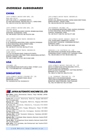 OVERSEAS SUBSIDIARIES
CHINA
JAPAN AUTOMATIC MACHINE HONG KONG, LTD.
HONG KONG OFFICE
UNIT 2108, LEVEL 21, LANDMARK NORTH,
39 LUNG SUM AVENUE, SHEUNG SHUI, N.T., HONG KONG
TEL +852-2191-8150 FAX +852-2191-8169
JAPAN AUTOMATIC MACHINE HONG KONG, LTD.
SHENZHEN OFFICE
1315-1316, SHENZHEN KERRY CENTER, RENMIN NAN ROAD,
SHENZHEN, GUANGDONG, CHINA
TEL +86-755-8231-7024 FAX +86-755-2518-1569
JAPAN AUTOMATIC MACHINE TRADING (SHENZHEN)LTD.
TIANJIN OFFICE
ROOM 6-108, JINFENG BUILDING, CHENG XIANG WEST ROAD,
NANKAI DISTRICT, TIANJIN, CHINA
TEL +86-22-8728-9700 FAX +86-22-8728-9701
JAM TECHNOLOGY (HUIZHOU) LTD.
6-1-B, SONGSHAN INDUSTRIAL PARK, HUIZHOU ZHONGKAI
HI-TECH INDUSTRIAL DEVELOPMENT ZONE,
HUIZHOU, GUANDONG, CHINA
TEL +86-752-2771-666 FAX +86-752-2771-668
JAPAN AUTOMATIC MACHINE TRADING (SHENZHEN)LTD.
HUIZHOU OFFICE
6-1-B, SONGSHAN INDUSTRIAL PARK, HUIZHOU ZHONGKAI
HI-TECH INDUSTRIAL DEVELOPMENT ZONE,
HUIZHOU, GUANDONG, CHINA
TEL +86-752-2771-614 FAX +86-752-2771-619
JAPAN AUTOMATIC MACHINE TRADING (SHENZHEN)LTD.
SUZHOU OFFICE
17/F, No.19 ALGEHAO ROAD, CHINA AUTO PARTS
(SUZHOU) BUILDING, WELTANG TOWN, XIANGCHENG DISTRICT,
SUZHOU, JIANGSU, CHINA
TEL +86-512-6841-9281 FAX +86-512-6841-9280
JAPAN AUTOMATIC MACHINE (SHANGHAI) TRADING LTD.
C302, SHANG-MIRA COMMERCIAL CENTER,
No.2633 WEST YAN’AN RD., CHANGNING DISTRICT,
SHANGHAI, CHINA
TEL +86-21-6278-1471 FAX +86-21-6261-6030
CHANGXING J.J.M. ELECTRICAL CO., LTD.
666 JINGSI ROAD, ECONOMIC DEVELOPMENT ZONE,
CHANGXING COUNTY HUZHOU CITY, ZHEJIANG, CHINA
TEL +86-0572-680-3137 FAX +86-0572-680-3138
USA
TOYOJAMCO, LTD.
8370 BURNHAM ROAD SUITE 200 EL PASO, TX79907, U.S.A.
TEL +1-915-595-8825 FAX +1-915-595-8794
SINGAPORE
JAPAN AUTOMATIC MACHINE SINGAPORE PTE. LTD.
HB CENTRE 1, 12 TANNERY ROAD, #04-02
SINGAPORE 347722
TEL +65-6545-8140 FAX +65-6545-8141
THAILAND
JAPAN AUTOMATIC MACHINE (THAILAND) CO., LTD.
283/72-73 HOME PLACE OFFICE BUILDING 14TH FL.,
SOI SUKHUMVIT 55 (THONGLOR),
NORTH KLONGTON SUB-DISTRICT, WATTANA DISTRICT,
BANGKOK 10110, THAILAND
TEL +660-2712-7368 FAX +660-2712-7351
J.A.M. TECHNOLOGY (THAILAND) CO., LTD.
888/28 MOO 9, SOI ROONGCHAROEN,
LIEB KLONG SUVARNABHUMI ROAD, BANGPLA,
BANGPLEE, SAMUTPRAKARN, 10540 THAILAND
TEL +66-2-181-9655 FAX +66-2-181-9657
Main Office／3-28-4, Shimomaruko, Ohta-ku, Tokyo 146-0092, JAPAN
TEL +81-3-3756-1431
Osaka ST／2-12-21, Kita-horie, Nishi-ku, Osaka 550-0014
TEL +81-6-6533-2651
Nagoya ST / 3009 Toyogaoka, Meito-ku, Nagoya 465-0035
TEL +81-52-774-8871
F u k u ok a S T / E n ok i da , H a k at a -k u, F uk uo k a 8 1 2 -0 0 0 4
TEL +81-92-471-5241
Shinjuku office / 5F 3-24-4, Yoyogi, Shibuya-ku, Tokyo 151-0053
TEL +81-3-5354-3737
Kumagaya office / 2, Enoki-cho, Kumagaya, Saitama 360-0823
TEL +81-48-526-3228
Yokohama office / 3-7-80, Tarumachi, Kohoku-ku, Yokohama 222-0001
TEL +81-45-543-1511
Haramachi office / 18, aza-Kidowaki, Kitahara, Haramachi-ku, Minami-soma, Fukushima 975-0037
TEL +81-244-23-6161
Tanshi office / 523, aza-Kawauchi-saku, Shimo-ota, Haramachi-ku, Minami-soma, Fukushima 975-0041
TEL +81-244-22-5501
Iwaki office / 23-31, aza-kuidesaku, Joban Shimofunao-machi, Iwaki, Fukushima 972-8312
TEL +81-246-44-4511
J.A.M. Web-site http://jam-net.co.jp
 