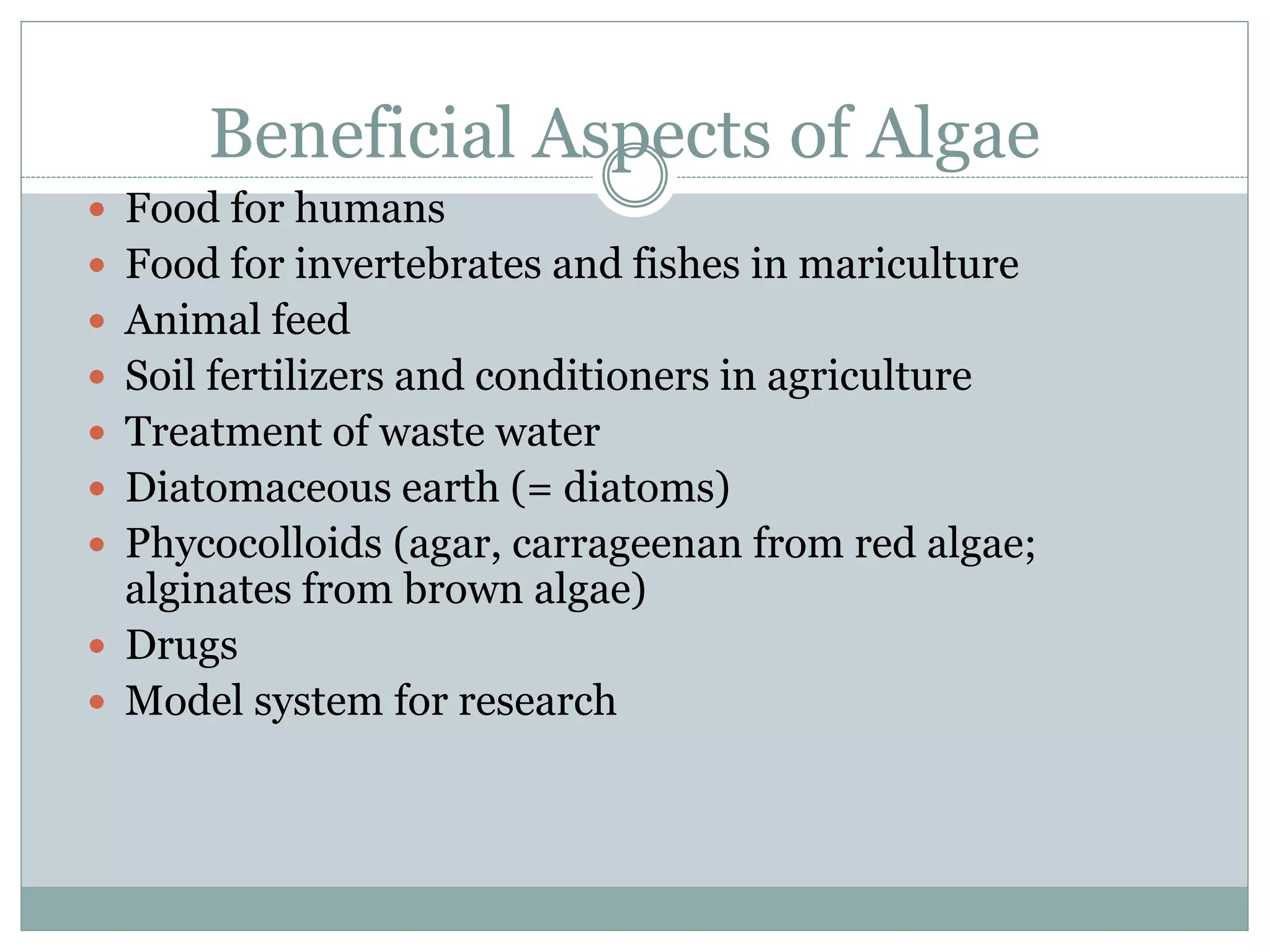 Beneficial Aspects of Algae
 Food for humans
 Food for invertebrates and fishes in mariculture
 Animal feed
 Soil fertilizers and conditioners in agriculture
 Treatment of waste water
 Diatomaceous earth (= diatoms)
 Phycocolloids (agar, carrageenan from red algae;
alginates from brown algae)
 Drugs
 Model system for research
 