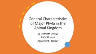 General Characteristics
of Major Phyla in the
Animal Kingdom
By Siddharth Sirvaiya
BSC CBZ sem1
Assignment - Zoology
 