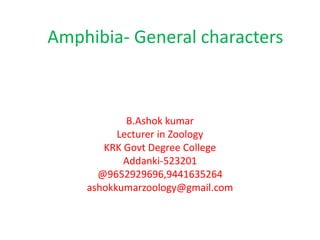 Amphibia- General characters
B.Ashok kumar
Lecturer in Zoology
KRK Govt Degree College
Addanki-523201
@9652929696,9441635264
ashokkumarzoology@gmail.com
 