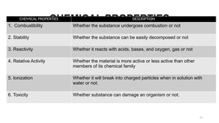 CHEMICAL PROPERTIES

10
CHEMICAL PROPERTIES DESCRIPTION
1. Combustibility Whether the substance undergoes combustion or not
2. Stability Whether the substance can be easily decomposed or not
3. Reactivity Whether it reacts with acids, bases, and oxygen, gas or not
4. Relative Activity Whether the material is more active or less active than other
members of its chemical family
5. Ionization Whether it will break into charged particles when in solution with
water or not.
6. Toxicity Whether substance can damage an organism or not.
 