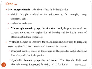 Cont …
May 17, 2023
12
 Microscopic domain  is often visited in the imagination.
 visible through standard optical microscopes, for example, many
biological cells
 molecules and atoms
 Microscopic domain properties of water: two hydrogen atoms and one
oxygen atom, and the explanation of freezing and boiling in terms of
attractions b/n these molecules
 Symbolic domain  contains the specialized language used to represent
components of the macroscopic and microscopic domains.
 Chemical symbols (such as those used in the periodic table), chemical
formulas, and chemical equations
 Symbolic domain properties of water: The formula H₂O and
abbreviations (g) for gas, (s) for solid, and (l) for liquid
 