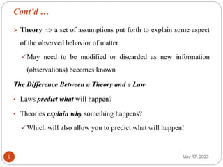 Cont’d …
May 17, 2023
9
 Theory  a set of assumptions put forth to explain some aspect
of the observed behavior of matter
May need to be modified or discarded as new information
(observations) becomes known
The Difference Between a Theory and a Law
• Laws predict what will happen?
• Theories explain why something happens?
Which will also allow you to predict what will happen!
 
