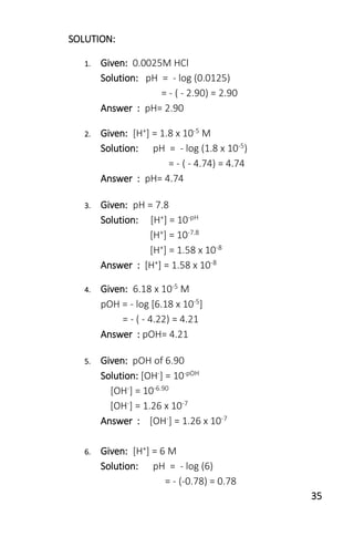 35
SOLUTION:
1. Given: 0.0025M HCl
Solution: pH = - log (0.0125)
= - ( - 2.90) = 2.90
Answer : pH= 2.90
2. Given: [H+] = 1.8 x 10-5 M
Solution: pH = - log (1.8 x 10-5)
= - ( - 4.74) = 4.74
Answer : pH= 4.74
3. Given: pH = 7.8
Solution: [H+] = 10-pH
[H+] = 10-7.8
[H+] = 1.58 x 10-8
Answer : [H+] = 1.58 x 10-8
4. Given: 6.18 x 10-5 M
pOH = - log [6.18 x 10-5]
= - ( - 4.22) = 4.21
Answer : pOH= 4.21
5. Given: pOH of 6.90
Solution: [OH-] = 10-pOH
[OH-] = 10-6.90
[OH-] = 1.26 x 10-7
Answer : [OH-] = 1.26 x 10-7
6. Given: [H+] = 6 M
Solution: pH = - log (6)
= - (-0.78) = 0.78
 