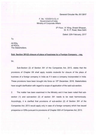 Section 391 latest circular from Ministry of Corporate Affairs