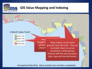 GIS Value Mapping and Indexing




6 Month Value Trend*


                               Properties, or
                          The Database Records
                           Neighborhoods can Indices can be more
                                         Value be
                            Value Trends map to Zip Code. They can
                            plotted on a on a than
                                     granular
                              Monthly Basis broken down to actual
                             show Value Trends
                                          be
                                         competing market groups
                                      (Homes with the same location,
                                       style, type and size attributes).


       Conceptual Data Only. Value analysis has not been completed.
 