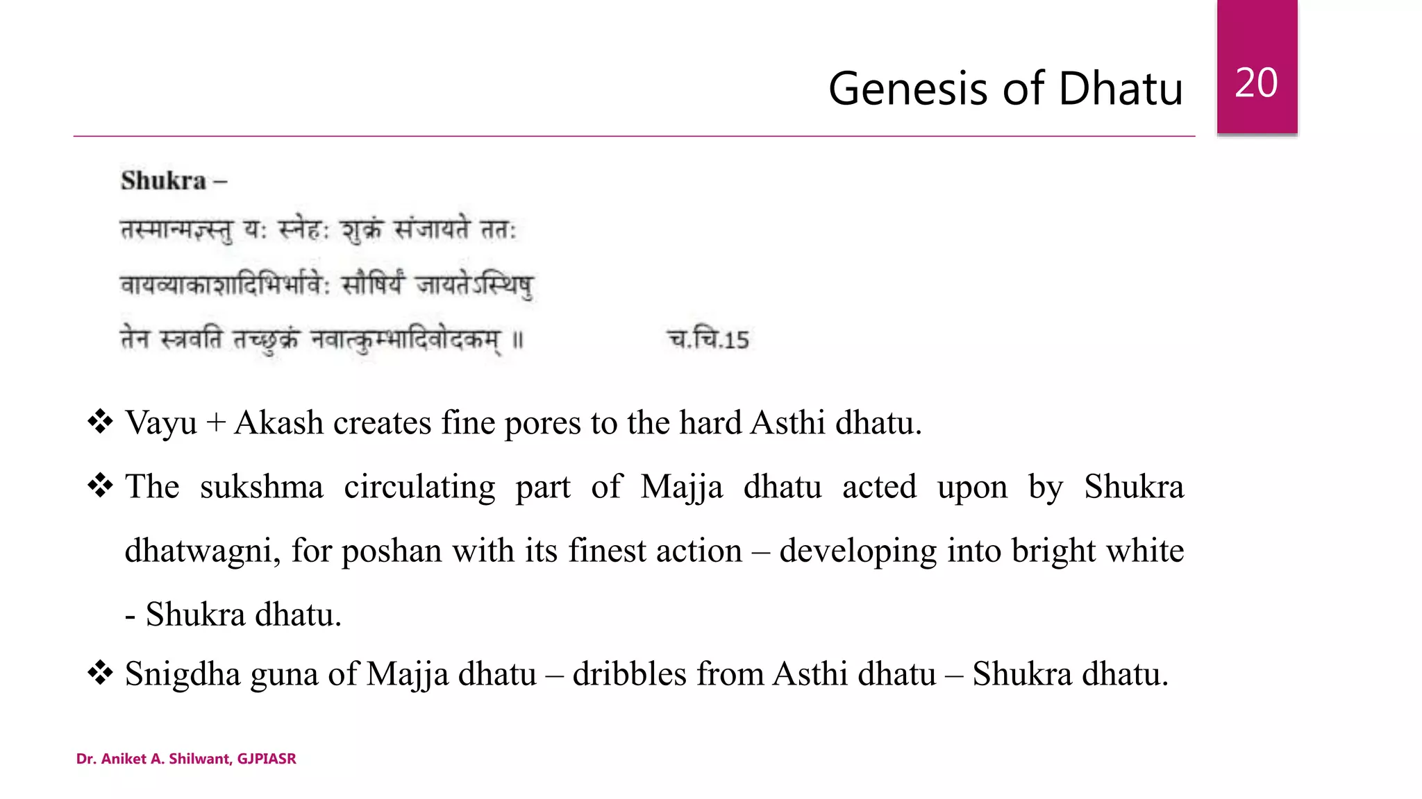Genesis of Dhatu
Dr. Aniket A. Shilwant, GJPIASR
20
 Vayu + Akash creates fine pores to the hard Asthi dhatu.
 The sukshma circulating part of Majja dhatu acted upon by Shukra
dhatwagni, for poshan with its finest action – developing into bright white
- Shukra dhatu.
 Snigdha guna of Majja dhatu – dribbles from Asthi dhatu – Shukra dhatu.
 