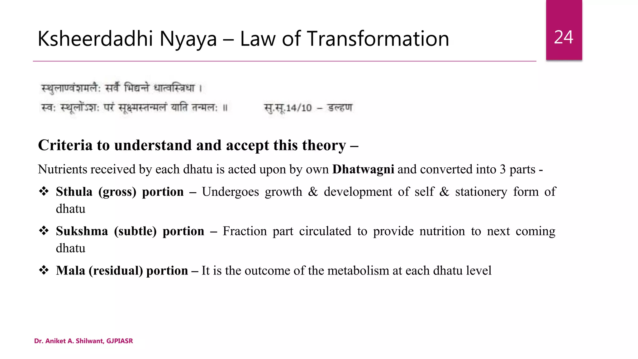 Criteria to understand and accept this theory –
Nutrients received by each dhatu is acted upon by own Dhatwagni and converted into 3 parts -
 Sthula (gross) portion – Undergoes growth & development of self & stationery form of
dhatu
 Sukshma (subtle) portion – Fraction part circulated to provide nutrition to next coming
dhatu
 Mala (residual) portion – It is the outcome of the metabolism at each dhatu level
Ksheerdadhi Nyaya – Law of Transformation
Dr. Aniket A. Shilwant, GJPIASR
24
 