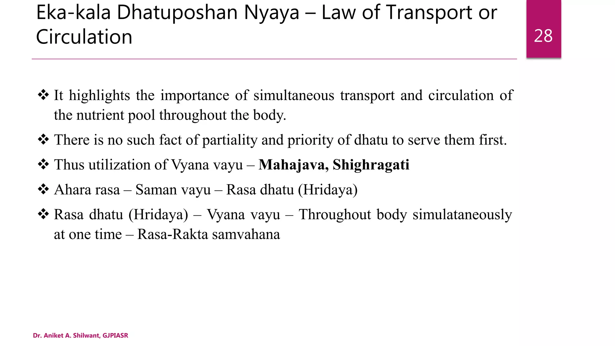 Eka-kala Dhatuposhan Nyaya – Law of Transport or
Circulation
 It highlights the importance of simultaneous transport and circulation of
the nutrient pool throughout the body.
 There is no such fact of partiality and priority of dhatu to serve them first.
 Thus utilization of Vyana vayu – Mahajava, Shighragati
 Ahara rasa – Saman vayu – Rasa dhatu (Hridaya)
 Rasa dhatu (Hridaya) – Vyana vayu – Throughout body simulataneously
at one time – Rasa-Rakta samvahana
Dr. Aniket A. Shilwant, GJPIASR
28
 