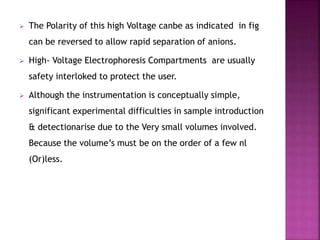  The Polarity of this high Voltage canbe as indicated in fig
can be reversed to allow rapid separation of anions.
 High- Voltage Electrophoresis Compartments are usually
safety interloked to protect the user.
 Although the instrumentation is conceptually simple,
significant experimental difficulties in sample introduction
& detectionarise due to the Very small volumes involved.
Because the volume’s must be on the order of a few nl
(Or)less.
 
