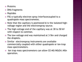 Proteins
 DNA fragments
 Peptides
 FIG-a typically electron spray interfacecoupled to a
quadrapole mass spectrometer,
 Note that the capillary is positioned b/w the isolated high-
voltage region and the electronspray source.
 The high-voltage end of the capillary was at 30 to 50 kV
with respect to common.
 The low-voltage end was maintained at 3-5kv and charged
the droplets.
 Similar electronspray instruments are available
commercially coupled with either quadrapole or ion-trap
mass spectrometers.
 Ion trap mass spectrometers can allow CE-MS/MS(Or) MSn
operation.
 