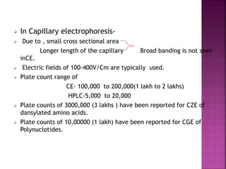  In Capillary electrophoresis-
 Due to , small cross sectional area
Longer length of the capillary Broad banding is not seen
inCE.
 Electric fields of 100-400V/Cm are typically used.
 Plate count range of
CE- 100,000 to 200,000(1 lakh to 2 lakhs)
HPLC-5,000 to 20,000
 Plate counts of 3000,000 (3 lakhs ) have been reported for CZE of
dansylated amino acids.
 Plate counts of 10,00000 (1 lakh) have been reported for CGE of
Polynuclotides.
 