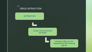 z
DRUG INTRACTION
ANTIBIOTICS
Cause neuromuscular
blockade
Intensify effect of non
depolarising NM blocking
agents
 