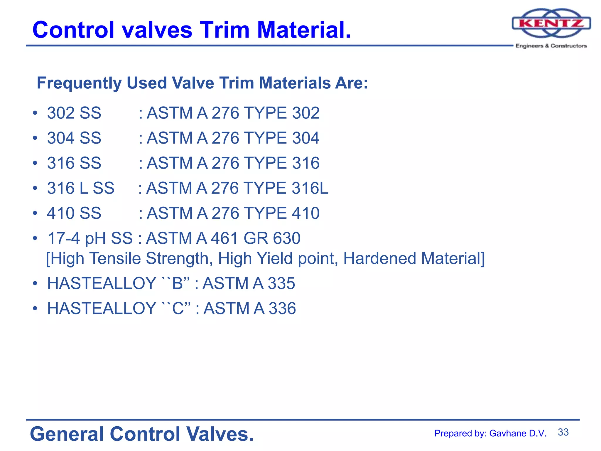 33
General Control Valves.
Control valves Trim Material.
Frequently Used Valve Trim Materials Are:
• 302 SS : ASTM A 276 TYPE 302
• 304 SS : ASTM A 276 TYPE 304
• 316 SS : ASTM A 276 TYPE 316
• 316 L SS : ASTM A 276 TYPE 316L
• 410 SS : ASTM A 276 TYPE 410
• 17-4 pH SS : ASTM A 461 GR 630
[High Tensile Strength, High Yield point, Hardened Material]
• HASTEALLOY ``B’’ : ASTM A 335
• HASTEALLOY ``C’’ : ASTM A 336
Prepared by: Gavhane D.V.
 