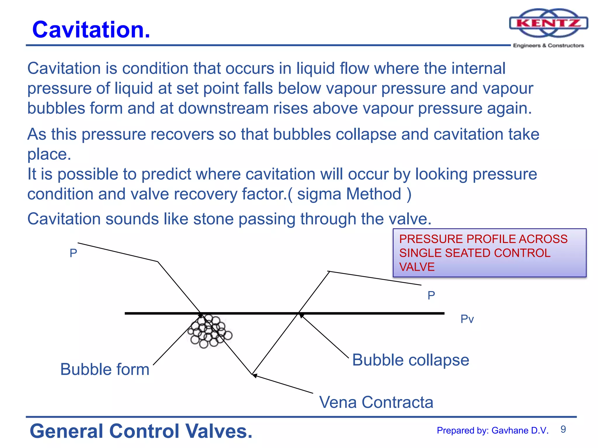9
General Control Valves.
Cavitation.
Cavitation is condition that occurs in liquid flow where the internal
pressure of liquid at set point falls below vapour pressure and vapour
bubbles form and at downstream rises above vapour pressure again.
As this pressure recovers so that bubbles collapse and cavitation take
place.
It is possible to predict where cavitation will occur by looking pressure
condition and valve recovery factor.( sigma Method )
Cavitation sounds like stone passing through the valve.
Bubble form
Bubble collapse
Vena Contracta
P
P
Pv
PRESSURE PROFILE ACROSS
SINGLE SEATED CONTROL
VALVE
Prepared by: Gavhane D.V.
 