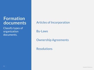 Copyright 2017 Berkman LLC
Formation
documents
Classify types of
organization
documents.
Articles of Incorporation
By-Laws
Ownership Agreements
Resolutions
!10
 