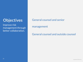 Copyright 2017 Berkman LLC
Objectives
Improve risk
management through
better collaboration.
General counsel and senior
management
General counsel and outside counsel
!36
 