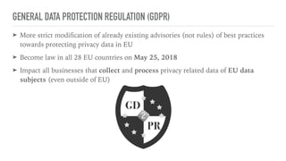 GENERAL DATA PROTECTION REGULATION (GDPR)
➤ More strict modiﬁcation of already existing advisories (not rules) of best practices
towards protecting privacy data in EU
➤ Become law in all 28 EU countries on May 25, 2018
➤ Impact all businesses that collect and process privacy related data of EU data
subjects (even outside of EU)
 
