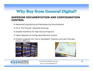 SUPERIOR DOCUMENTATION AND CONFIGURATION
CONTROL
 Networked Engineering and Manufacturing Documentation
 Pro-E “Pro-Process” Assembly Drawings
 Scalable Workforce for High Volume Programs
 Highly Attentive to Configuration/Revision Control
 Product Longevity Via “Like or Equivalent” Solutions and Last-Time-Buyg
Product Offerings
© 2016 General Digital Corporation
http://www.GeneralDigital.com
25
 
