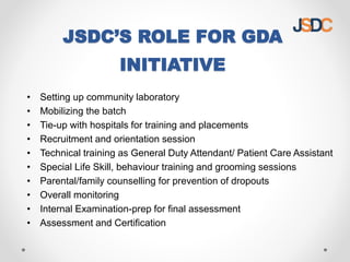 JSDC’S ROLE FOR GDA
INITIATIVE
• Setting up community laboratory
• Mobilizing the batch
• Tie-up with hospitals for training and placements
• Recruitment and orientation session
• Technical training as General Duty Attendant/ Patient Care Assistant
• Special Life Skill, behaviour training and grooming sessions
• Parental/family counselling for prevention of dropouts
• Overall monitoring
• Internal Examination-prep for final assessment
• Assessment and Certification
 