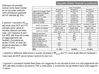 Acquisto diretto: Scenari a confronto Definiamo tre possibili scenari come base iniziale su cui poi poter costruire varie simulazioni partendo dai VA calcolati @ 15%. L’opzione 1 prevede il  W equity  del worst case DCF ed il TV (stimato come valore di vendita) ottenuto dal base case, con l’opzione di earn out (40% alla firma ed il resto al raggiungimento dei risultati). Considerando anche i FCFE  al netto dei dividendi otteniano un IRR dell’11% circa. L’opzione 2 differisce dalla prima in quanto considera il  W equity  ed il TV come quelli ottenuti mediante il base case dei DCF senza nessun opzione di earn out. L’opzione 3 considera l’ipotesi Best Case con l’aggiunta di una clausola di  earn in  e cioè pagamento del 30% alla data iniziale e successivo 70% a metà piano, a condizione che gli obiettivi siano stati raggiunti in pieno. 