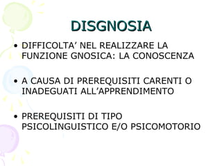 DISGNOSIADISGNOSIA
• DIFFICOLTA’ NEL REALIZZARE LA
FUNZIONE GNOSICA: LA CONOSCENZA
• A CAUSA DI PREREQUISITI CARENTI O
INADEGUATI ALL’APPRENDIMENTO
• PREREQUISITI DI TIPO
PSICOLINGUISTICO E/O PSICOMOTORIO
 