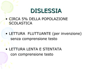 DISLESSIADISLESSIA
• CIRCA 5% DELLA POPOLAZIONE
SCOLASTICA
• LETTURA FLUTTUANTE (per invenzione)
senza comprensione testo
• LETTURA LENTA E STENTATA
con comprensione testo
 