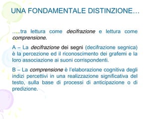 …..tra lettura come decifrazione e lettura come
comprensione.
A – La decifrazione dei segni (decifrazione segnica)
è la percezione ed il riconoscimento dei grafemi e la
loro associazione ai suoni corrispondenti.
B – La comprensione è l’elaborazione cognitiva degli
indizi percettivi in una realizzazione significativa del
testo, sulla base di processi di anticipazione o di
predizione.
UNA FONDAMENTALE DISTINZIONE…
 