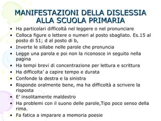 MANIFESTAZIONI DELLA DISLESSIAMANIFESTAZIONI DELLA DISLESSIA
ALLA SCUOLA PRIMARIAALLA SCUOLA PRIMARIA
• Ha particolari difficoltà nel leggere o nel pronunciare
• Colloca figure o lettere o numeri al posto sbagliato. Es.15 al
posto di 51; d al posto di b,
• Inverte le sillabe nelle parole che pronuncia
• Legge una parola e poi non la riconosce in seguito nella
pagina
• Ha tempi brevi di concentrazione per lettura e scrittura
• Ha difficolta’ a capire tempo e durata
• Confonde la destra e la sinistra
• Risponde oralmente bene, ma ha difficoltà a scrivere la
risposta
• E’ insolitamente maldestro
• Ha problemi con il suono delle parole,Tipo poco senso della
rima.
• Fa fatica a imparare a memoria poesie
 
