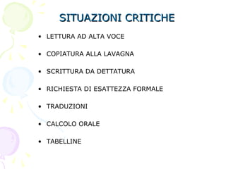SITUAZIONI CRITICHESITUAZIONI CRITICHE
• LETTURA AD ALTA VOCE
• COPIATURA ALLA LAVAGNA
• SCRITTURA DA DETTATURA
• RICHIESTA DI ESATTEZZA FORMALE
• TRADUZIONI
• CALCOLO ORALE
• TABELLINE
 