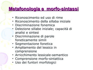 Metafonologia e morfo-sintassiMetafonologia e morfo-sintassi
• Riconoscimento ed uso di rime
• Riconoscimento della sillaba iniziale
• Discriminazione fonemica
• Delezione sillabe iniziale; capacità di
analisi e sintesi
• Discriminazione di parole
foneticamente simili
• Segmentazione fonetica
• Ampliamento del lessico in
comprensione
• Arricchimento lessicale-semantico
• Comprensione morfo-sintattica
• Uso dei funtori morfologici
 