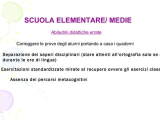 SCUOLA ELEMENTARE/ MEDIE
Abitudini didattiche errate
Correggere le prove degli alunni portando a casa i quaderni
Separazione dei saperi disciplinari (stare attenti all’ortografia solo se s
durante le ore di lingua)
Esercitazioni standardizzate mirate al recupero ovvero gli esercizi class
Assenza dei percorsi metacognitivi
 