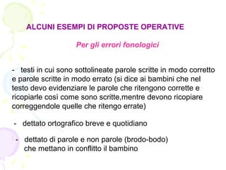 ALCUNI ESEMPI DI PROPOSTE OPERATIVE
Per gli errori fonologici
- testi in cui sono sottolineate parole scritte in modo corretto
e parole scritte in modo errato (si dice ai bambini che nel
testo devo evidenziare le parole che ritengono corrette e
ricopiarle così come sono scritte,mentre devono ricopiare
correggendole quelle che ritengo errate)
- dettato ortografico breve e quotidiano
- dettato di parole e non parole (brodo-bodo)
che mettano in conflitto il bambino
 