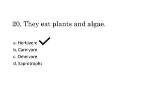 20. They eat plants and algae.
a. Herbivore
b. Carnivore
c. Omnivore
d. Saprotrophs
 