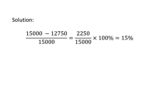 Solution:
15000 − 12750
15000
=
2250
15000
× 100% = 15%
 