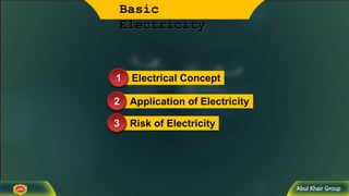 Abul Khair Group
Basic
Electricity
1 Electrical Concept
2 Application of Electricity
3 Risk of Electricity
 