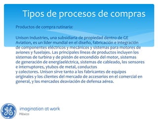 Tipos de procesos de compras Productos de compra rutinaria: Unison Industries, una subsidiaria de propiedad dentro de GE Aviation, es un líder mundial en el diseño, fabricación e integración de componentes eléctricos y mecánicos y sistemas para motores de aviones y fuselajes. Las principales líneas de productos incluyen los sistemas de turbina y de pistón de encendido del motor, sistemas de generación de energíaeléctrica, sistemas de cableado, los sensores e interruptores, ytubos de metal, conductos y colectores. Unison sirve tanto a los fabricantes de equipos originales y los clientes del mercado de accesorios en el comercial en general, y los mercados deaviación de defensa aérea. 