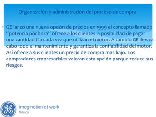 Organización y administración del proceso de compra  GE lanzo una nueva opción de precios en 1999 el concepto llamado “potencia por hora” ofrece a los clientes la posibilidad de pagar una cantidad fija cada vez que utilizan el motor. A cambio GE lleva a cabo todo el mantenimiento y garantiza la confiabilidad del motor. Así ofrece a sus clientes un precio de compra mas bajo. Los compradores empresariales valoran esta opción porque reduce sus riesgos.  