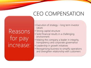 CEO COMPENSATION
• Execution of strategy – long term investor
values
• Strong capital structure
• Solid financial results in a challenging
environment
• Making the company a leader in integrity,
transparency and corporate governance
• Leadership in growth initiatives
• Reorganising business to simplify operations
and strengthen relationship with customers
Reasons
for pay
increase:
 