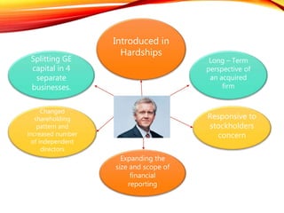 Introduced in
Hardships
Long – Term
perspective of
an acquired
firm
Responsive to
stockholders
concern
Expanding the
size and scope of
financial
reporting
Splitting GE
capital in 4
separate
businesses.
Changed
shareholding
pattern and
increased number
of independent
directors
 