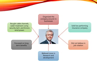 Organized the
company around 11
businesses
Sold low performing
insurance company
Did not believe in
job rotation
Believed more in
Research and
development
Bought cable channels,
water treatment comp.
security tech. and Enrons
wind power.
Focussed on long
term benefits
 