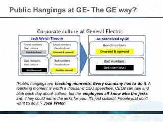 Public Hangings at GE- The GE way?
“Public hangings are teaching moments. Every company has to do it. A
teaching moment is worth a thousand CEO speeches. CEOs can talk and
blab each day about culture, but the employees all know who the jerks
are. They could name the jerks for you. It’s just cultural. People just don’t
want to do it.”- Jack Welch
 