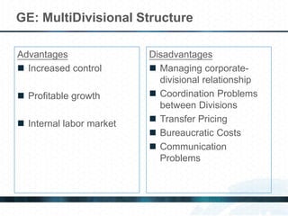 Advantages
 Increased control
 Profitable growth
 Internal labor market
GE: MultiDivisional Structure
Disadvantages
 Managing corporate-
divisional relationship
 Coordination Problems
between Divisions
 Transfer Pricing
 Bureaucratic Costs
 Communication
Problems
 