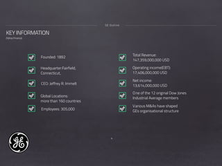 4
KEY INFORMATION
(Yahoo Finance)
GE Outline
Founded: 1892
Headquarter:Fairfield,
Connecticut,
CEO: Jeffrey R. Immelt
Global Locations:
more than 160 countries
Employees: 305,000
Total Revenue:
147,359,000,000 USD
Operating income(EBT):
17,406,000,000 USD
Net income:
13,614,000,000 USD
One of the 12 original Dow Jones
Industrial Average members
Various M&As have shaped
GEs organisational structure
 