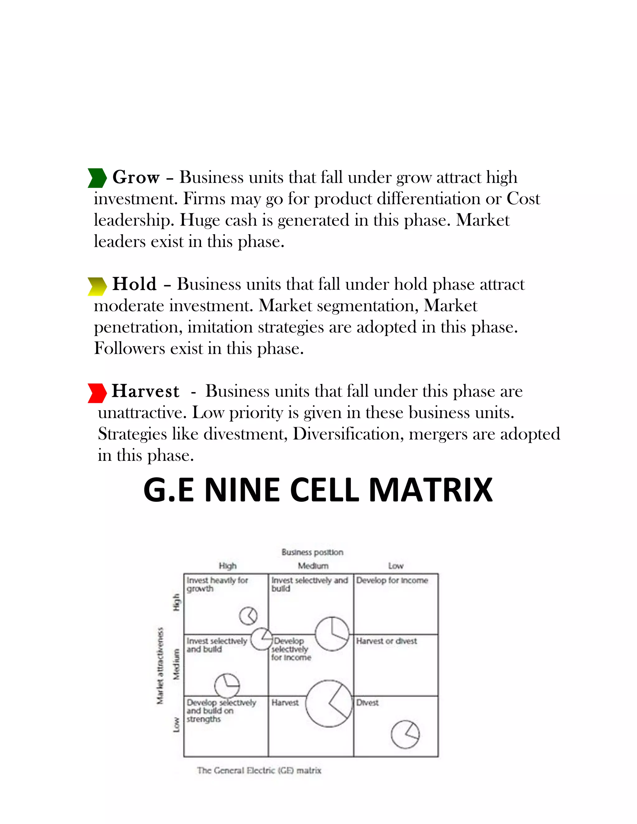 Grow – Business units that fall under grow attract high
investment. Firms may go for product differentiation or Cost
leadership. Huge cash is generated in this phase. Market
leaders exist in this phase.
Hold – Business units that fall under hold phase attract
moderate investment. Market segmentation, Market
penetration, imitation strategies are adopted in this phase.
Followers exist in this phase.
Harvest - Business units that fall under this phase are
unattractive. Low priority is given in these business units.
Strategies like divestment, Diversification, mergers are adopted
in this phase.
G.E NINE CELL MATRIX
 